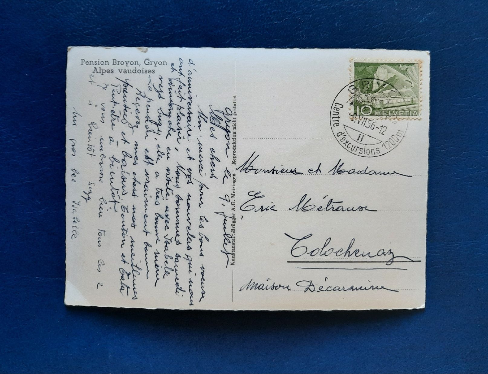 Cartoline postali: Ansichtskarte Gryon, Pension Broyon, gest. 1956 – Usato da Marly venduto da neu-adlerauge65 1