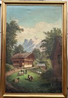 Antikes grosses Gemälde mit Kühe auf dem Bauerfeld unl Sign