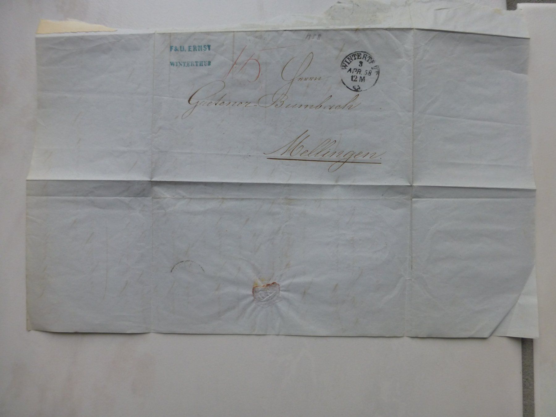 Dokumente: Winterthur nach Mellingen 3. April 1858 – Gebraucht aus Bettlach von 1saurer