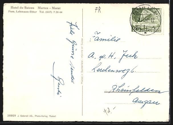 Cartoline postali: AK Murten-Morat, Hotel de Bateau, 1957 – Usato da Berlin venduto da bartko-reher 1