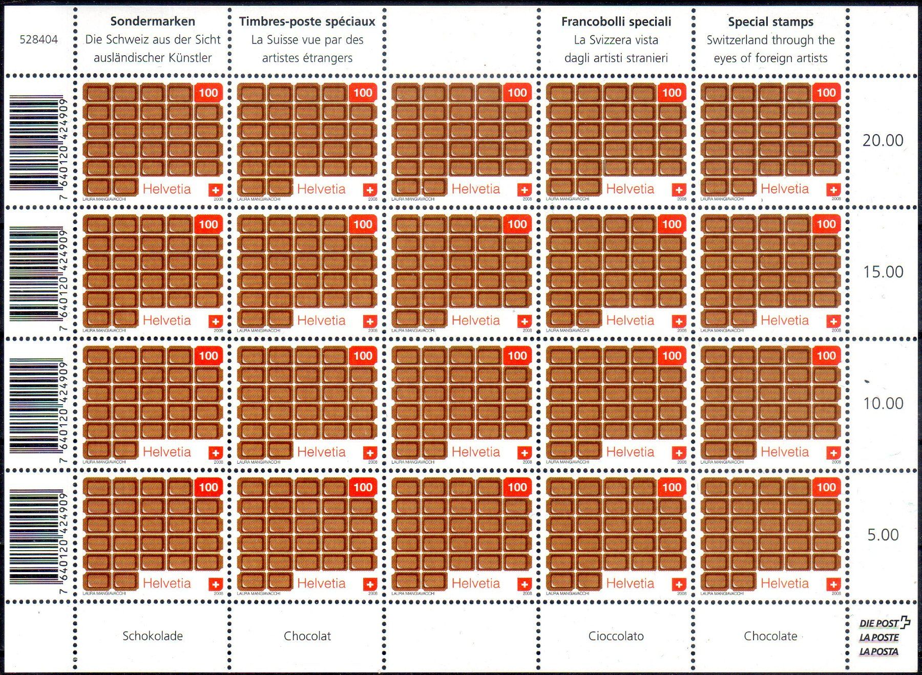 Alle Briefmarken: SONDERMARKEN SCHOKOLADE KLEINBOGEN 20 MARKEN **POSTFRISCH** – Neu (gemäss Beschreibung) aus Losone von EM2019