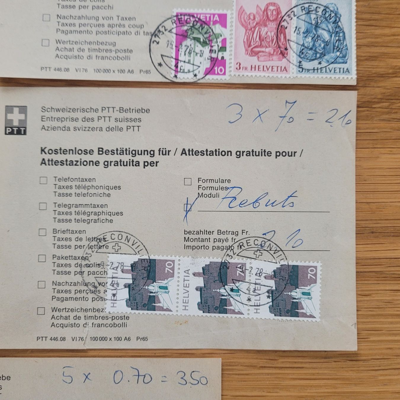 Alle Briefmarken: Lot Attestation Reconvilier 1978 – Gebraucht aus Biel/Bienne von Destockweb 4