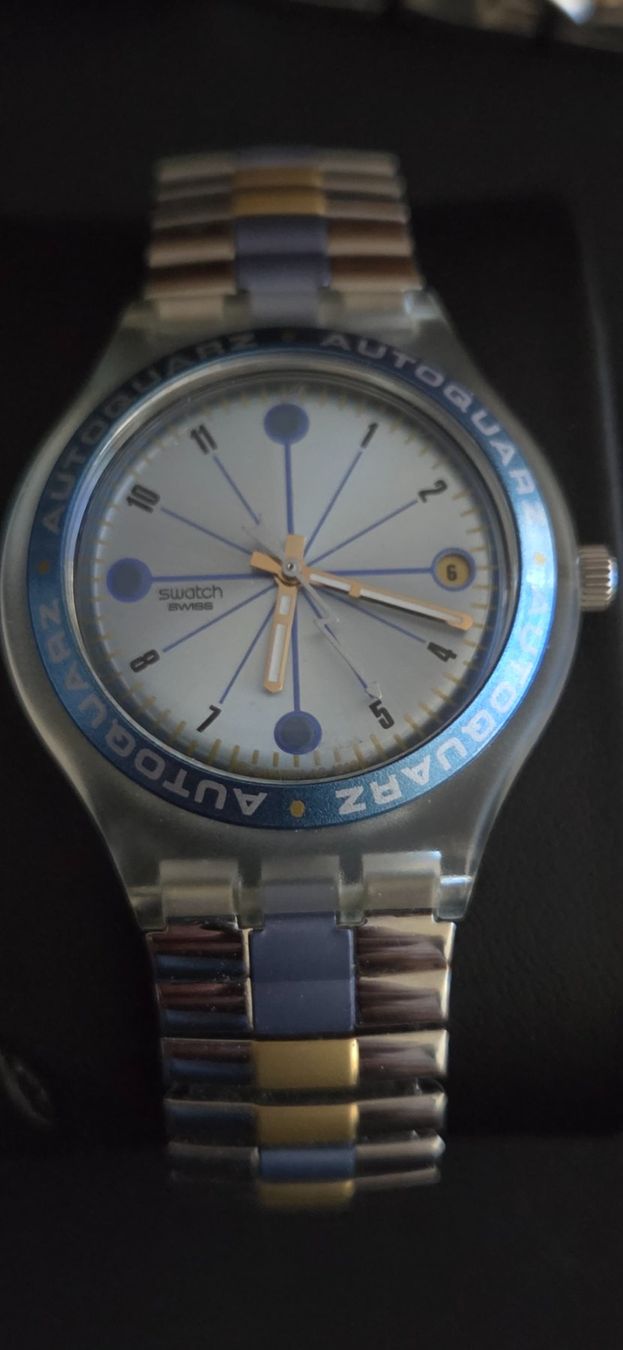 Swatch Orologi: Montre Swatch Automatic Autoquartz bleue et dorée occasion – Difettoso da Neuchâtel venduto da golden02