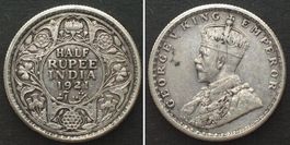 BRITISCH INDIEN 1/2 Rupee 1921 Calcutta GEORGE V. Silber vz