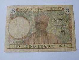 5 Francs Banque Afrique Occidentale, Jahr 1941, Selten!