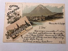 Ansichtskarte Glarus mit Bergmotiv und Stadtansicht 1898