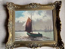 Segelboot im Hafen mit prächtigem Rahmen, signiert