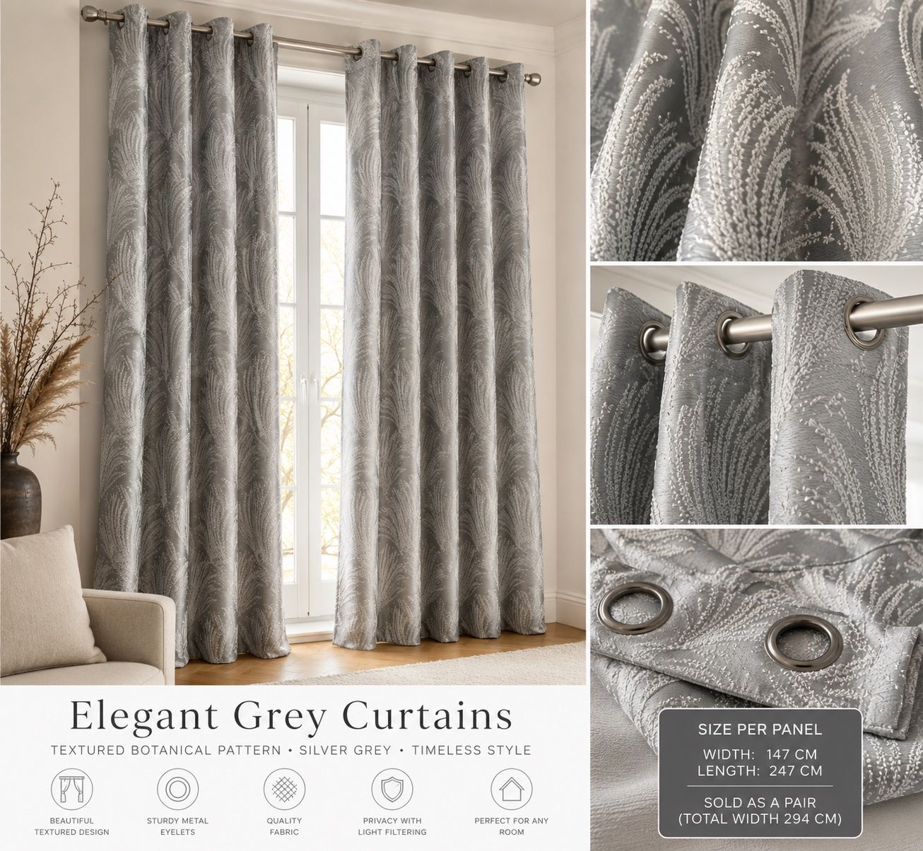 Rideaux: Elegant Silver Grey Textured Curtains – Set of 2 – D'occasion à Zürich par Curated.Chapters 3