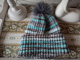 Handmade Streifen Mütze abnehmbarer Pompon Mint Grau 53
