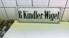 Emaille Schild B. Kindler-Wiget Schriftzug weiss schwarz