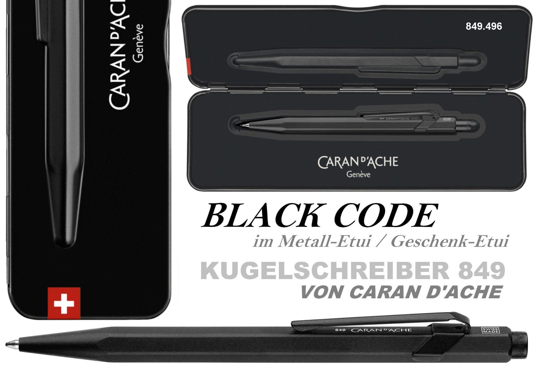 Caran D'Ache Penna & Evidenziatori: 849.496 BLACK CODE 849 Caran d'Ache Goliath Schwarz M + Etui – Nuovo e nell'imballaggio originale da Strengelbach venduto da Mozi1