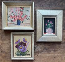 3er Set Vintage Miniatur-Ölgemälden mit Blumen
