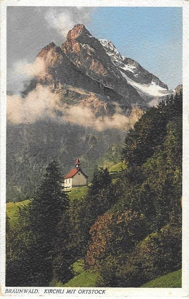 Cartoline postali: Braunwald Kirchli mit Ortstock – Usato da Olten venduto da clotaldi