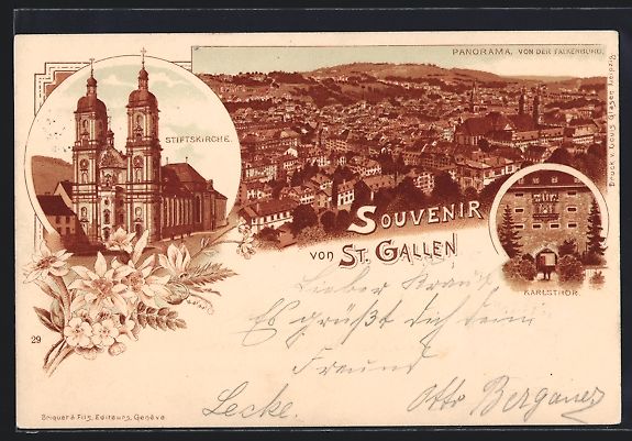 Cartoline postali: Litho St. Gallen, Panorama von der Falke – Usato da Berlin venduto da bartko-reher