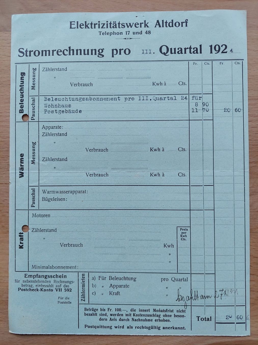 Documenti: Werbebrief mit Illustration Stromrechnung 1924 – Usato da Obfelden venduto da Foto_Bild_Kunst_Buch 1