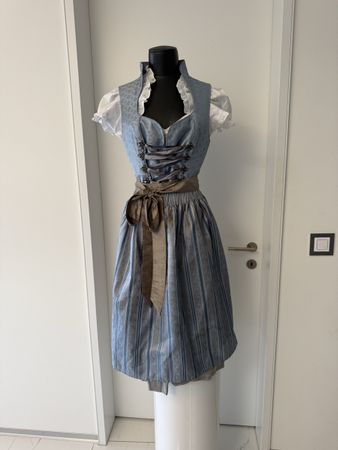 Edles Dirndl Gr. 42 mit Bluse (Krüger) – Eisblau/Taupe
