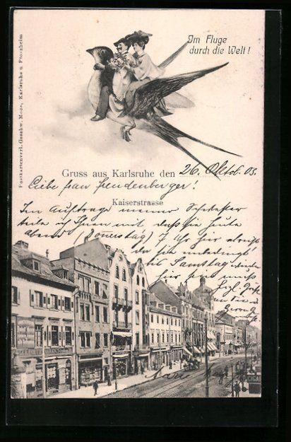 Cartoline postali: Karlsruhe, Fliegende Menschen über der  – Usato da Berlin venduto da bartko-reher