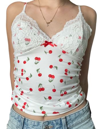 Damen Top weiss Kirschenmuster Spitze guter Zustand