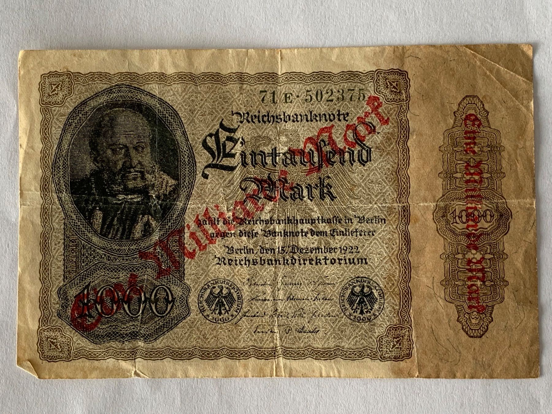 Banknoten: Reichsbanknote 1 Milliarde Mark 1922 – Gebraucht aus Niederrohrdorf von troch