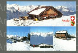 AK color Axalp BE 4-Bild, Hotel „Bellevue“,Skilift ≈ 1980