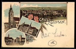 Lithographie Zofingen, Rathaus, Kirche, Postamt, Totalansich