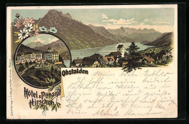 Cartoline postali: Litho Obstalden, Hotel, Pension Hirschen – Usato da Berlin venduto da bartko-reher