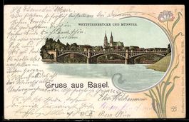 Lithographie Basel, Wettsteinbrücke und Münster, Blumenornam