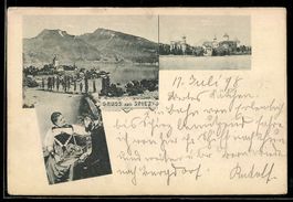 AK Spiez, Schloss, Uferpartie und Frauenporträt
