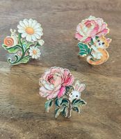 Set 3x Pin Blumen Schnecke, Katze, Hase