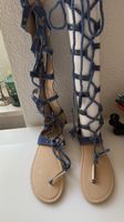 Denim Lace-Up Gladiator Sandals, Size 38 — So Chic!