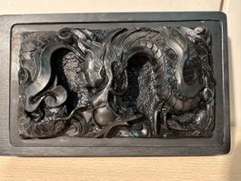 Sculpture Murale Dragon Noir, Art Asiatique en pierre