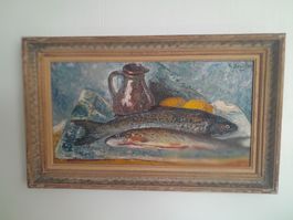 Gemälde "Fische" von K. Beutler, Öl auf Leinwand, 61x32 cm