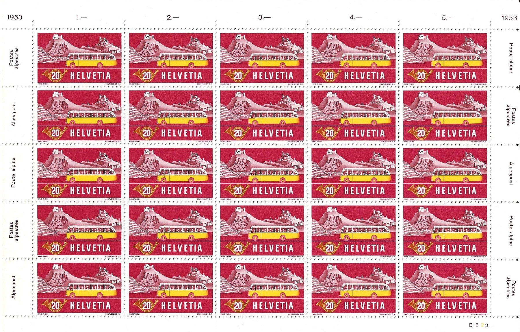 Alle Briefmarken: Bogen Postauto 20 Rp. 1953 Postfrisch ** – Gebraucht aus Zürich von Philacat11