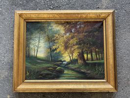 Altes schönes Ölgemälde, „Herbstwald am Bach“, A. Reinhart