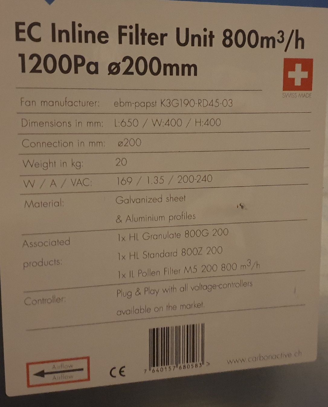 Purificatori d'aria: CarbonActive EC Inline Filterunit 800m³/h 200mm Flansch – Usato da Wolfhalden venduto da tmr_gt5k 1