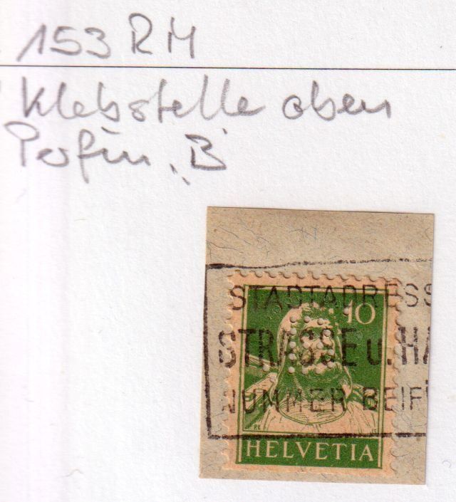 Alle Briefmarken: Rollenmarke 153 RM, Perfin B auf Briefstück – Gebraucht aus Basel von Bingis