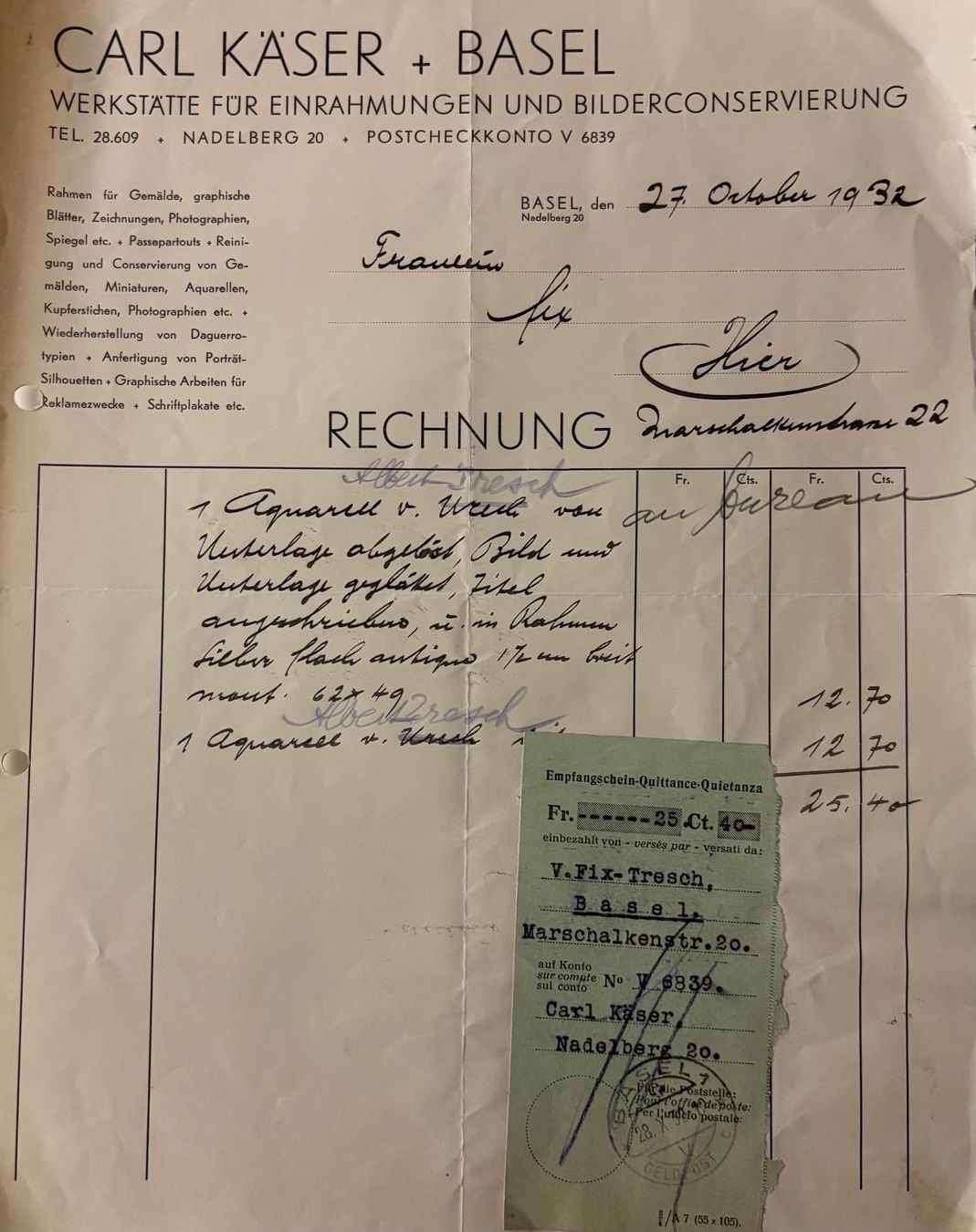 Cartes postales: Rechnung, Carl Käser, Einrahmungen, Basel, 1932 – D'occasion à Frauenfeld par Merk52