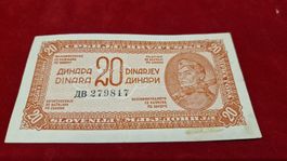 Seltene jugoslawische 20 Dinara Banknote, Jahrgang 1944
