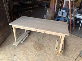 Biedermeier Holztisch Tanne patiniert 180 x 85 cm Schublade