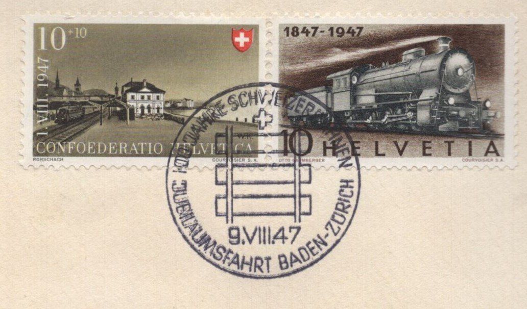 Tutti i francobolli: 1947  100 JAHRE Schweizer EISENBAHNEN  9.VIII.47 – Usato da Aarau venduto da kufi44 1