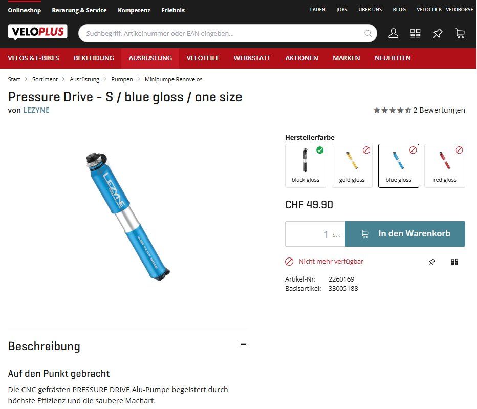 Lezyne Pompe: Lezyne Pressure Drive - S / blue gloss – Nuovo (secondo la descrizione) da Adliswil venduto da fashionholic 2