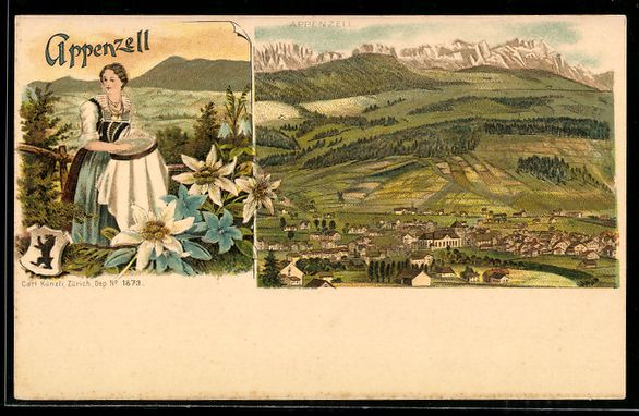Ansichtskarten: Litho Appenzell, Trachtenfrau, Edelweiss – Gebraucht aus Berlin von bartko-reher