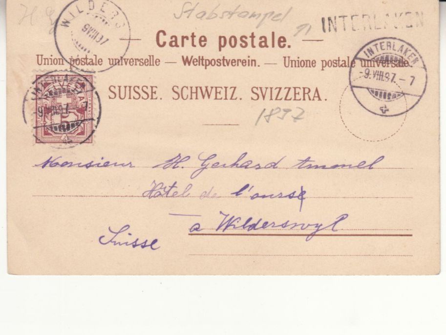 Cartoline postali: Interlaken 1897 mit Stabstempel Interlaken – Usato da Bürglen TG venduto da StampGraf 1