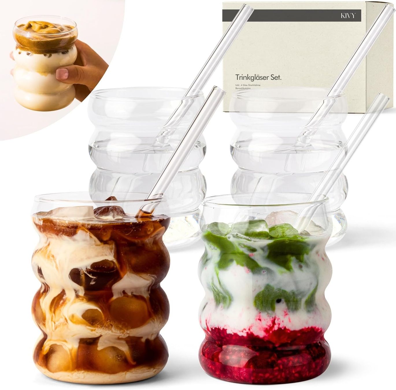 Bicchieri: Trinkgläser 4er Set 350 ml mit Strohhalm Eiskaffee Gläser – Nuovo e nell'imballaggio originale da St. Gallen venduto da RestpostenSG