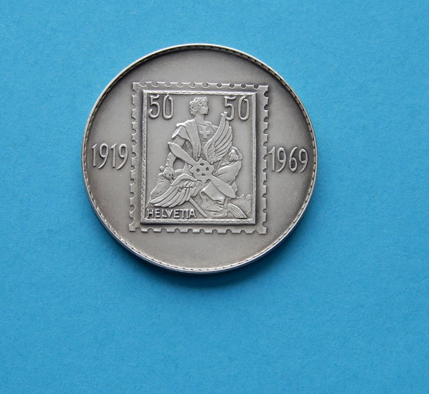 Medaillen: Medaille 50 Jahre Schweizer Luftpostmarken 1969 – Gebraucht aus Trasadingen von Traadinger 1