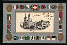Zürich, Flusspartie mit Kirche, Wappen,