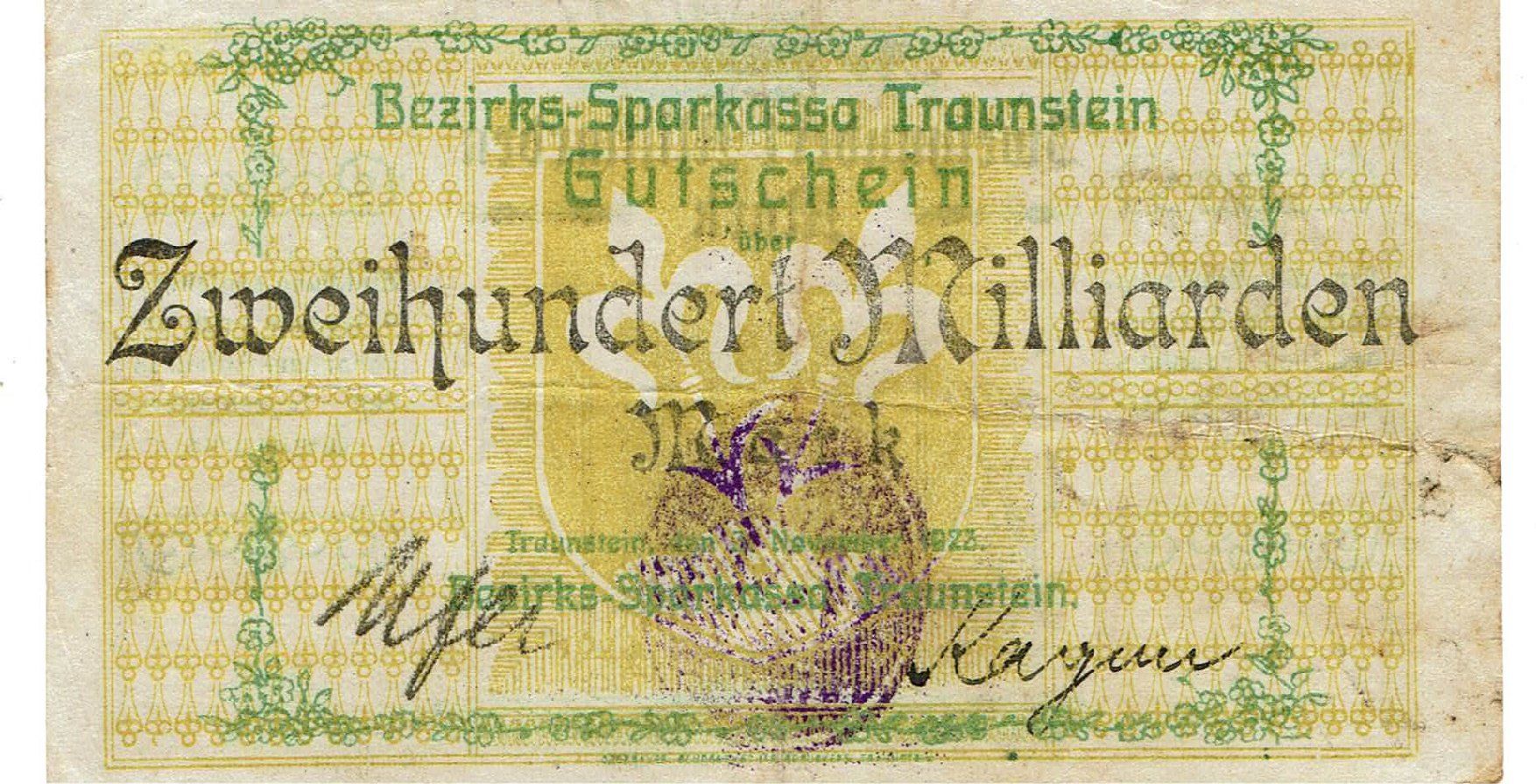 Banconote: Traunstein 200 Mrd.Mark+Stempel 1923 SS+-SS++ – Usato da Steffisburg venduto da ber_8htf