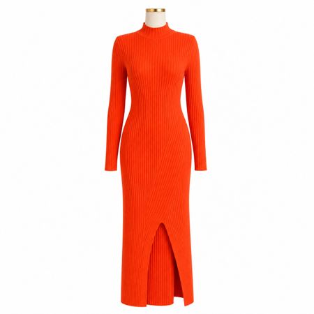H&M Strick Maxikleid Orange XS/34 | Rollkragen | Figurbetont