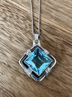 Art Deco Retro Silber Collier mir blauem Glasstein