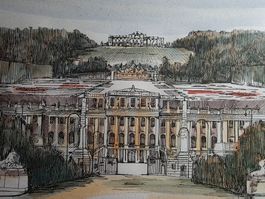 colorierte Zeichnung 1994 Szene Wien Schloss Schönbrunn